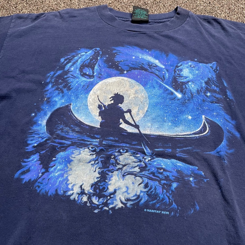 Vintage Habitat XCVI Graphic T-Shirt Navy Blue Wolf Bear Eagle Canoe XXL Cotton